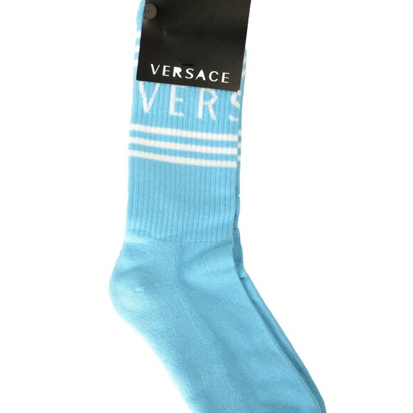 Versace Sky Blue & White Logo Print Athletic Socks sz S - Picture 1 of 2